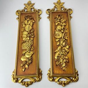 Vintage Pair SYROCO 1970’s Gold Flowers Fruits Wall Plaques 7221 7222